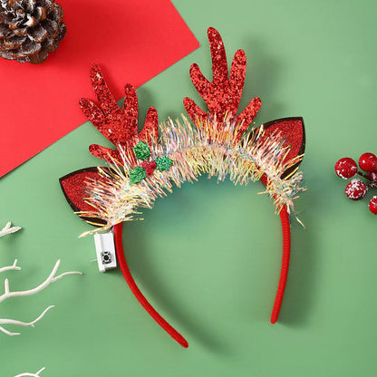 IPC Christmas Hair Band Glowing Headband Xmas Tree Snowflake Hair Band Deer Horn Light Flashing Headwear Merry Christmas Gift