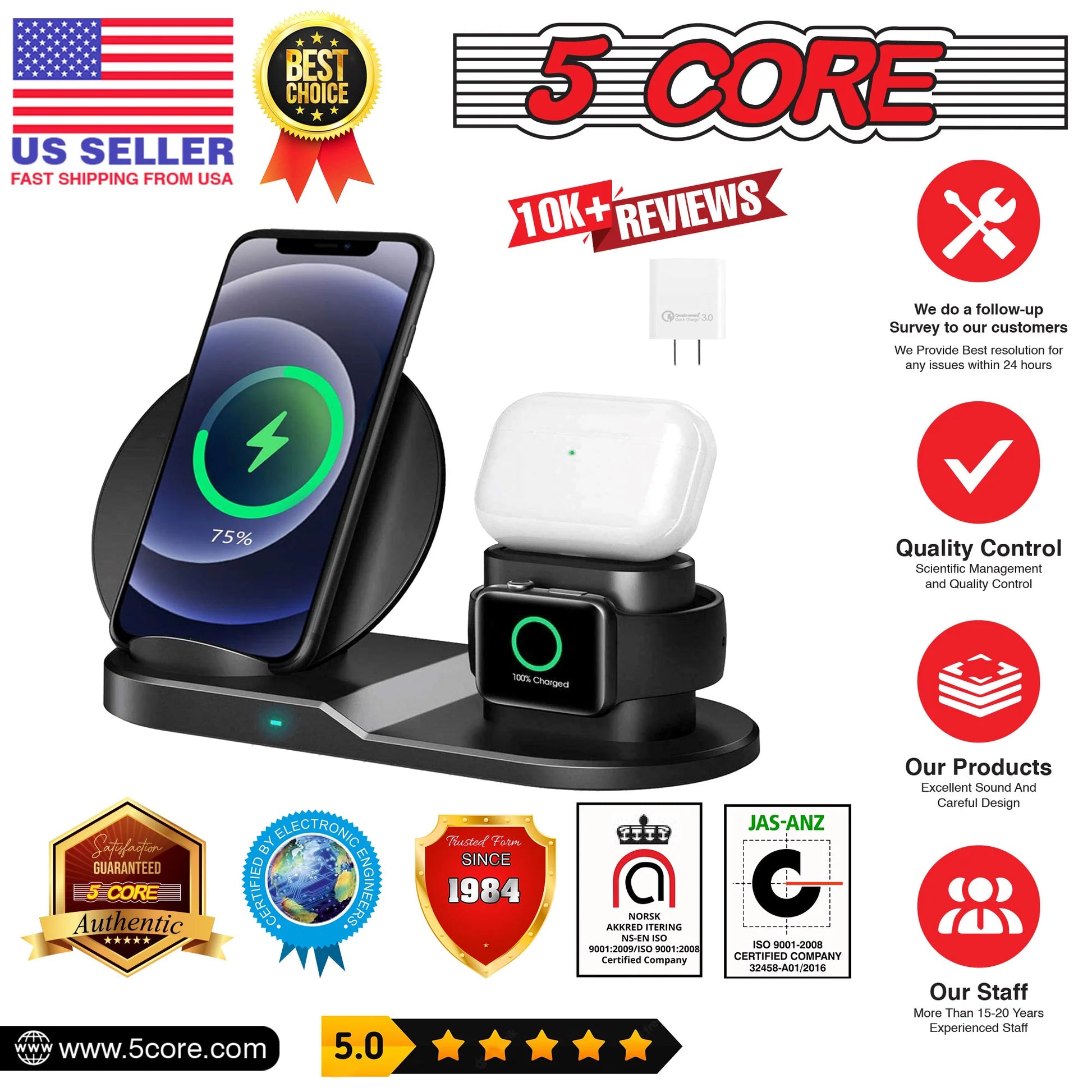 5 Core Wireless Charging Station Black 3 in 1 Wireless Charger Stand QI Fast Wireless Charging W Dual Coil for Samsung Iphone 15 14 13 12 11Pro Max XR XS 8 Plus, for Apple Watch 8 7 6 5 4 3 2 SE, for Airpods 3 2 Pro- WCR 3