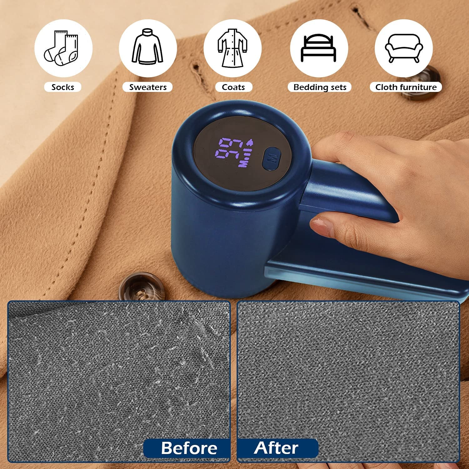 Rechargeable Fabric Shaver, Electric Commercial Lint Remover with LED Display & Big Trash Box, 3-Speeds for Removing Fuzz and Pill from Clothes, Furniture, Sweater, Couch and Blanket, Navy