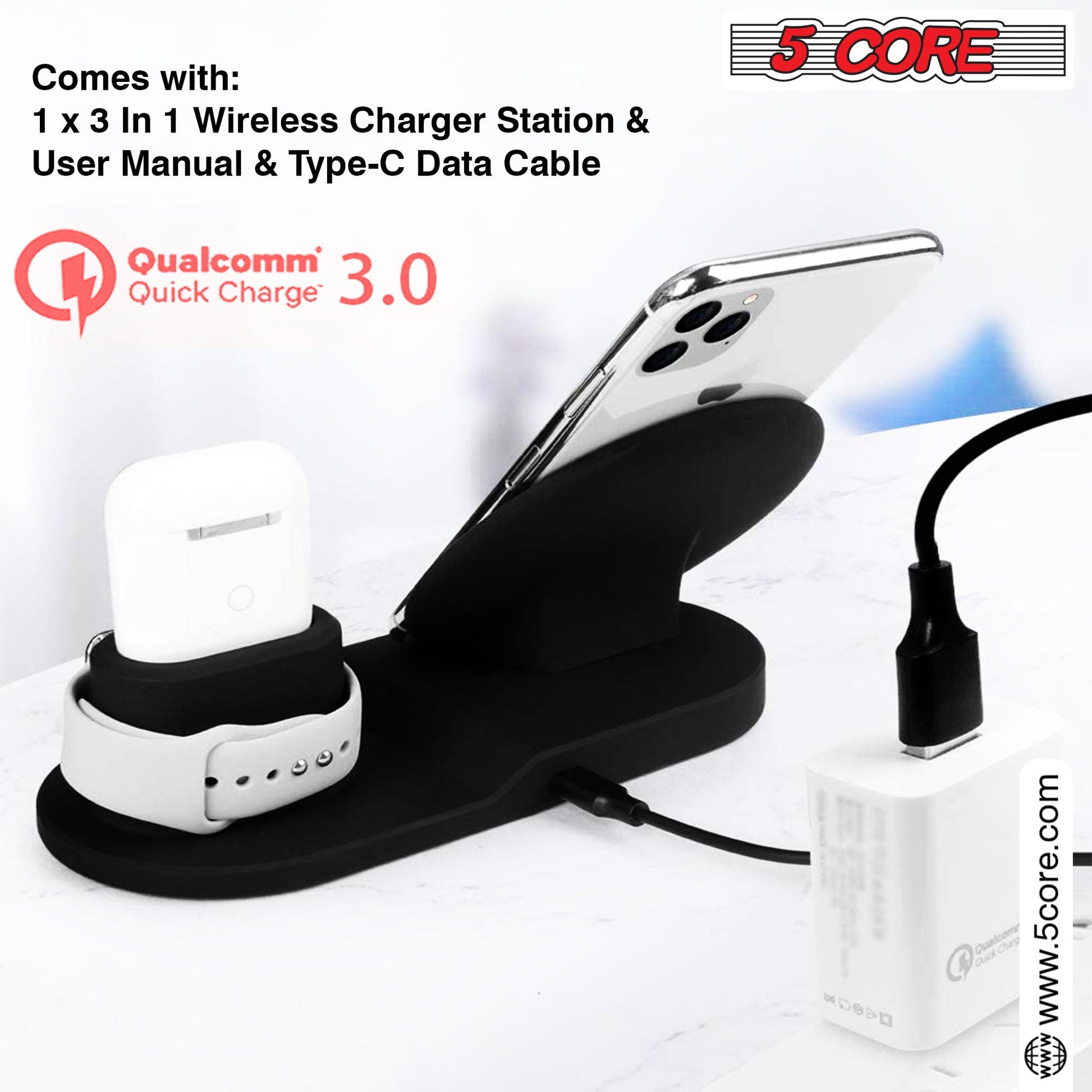 5 Core Wireless Charging Station Black 3 in 1 Wireless Charger Stand QI Fast Wireless Charging W Dual Coil for Samsung Iphone 15 14 13 12 11Pro Max XR XS 8 Plus, for Apple Watch 8 7 6 5 4 3 2 SE, for Airpods 3 2 Pro- WCR 3